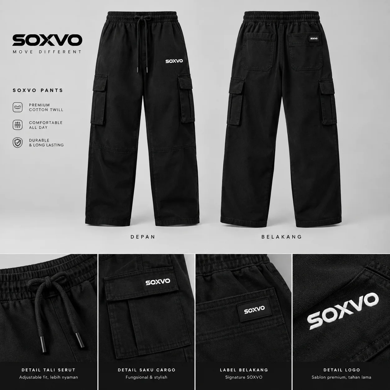 Celana Cargo Soxvo Hitam Original
